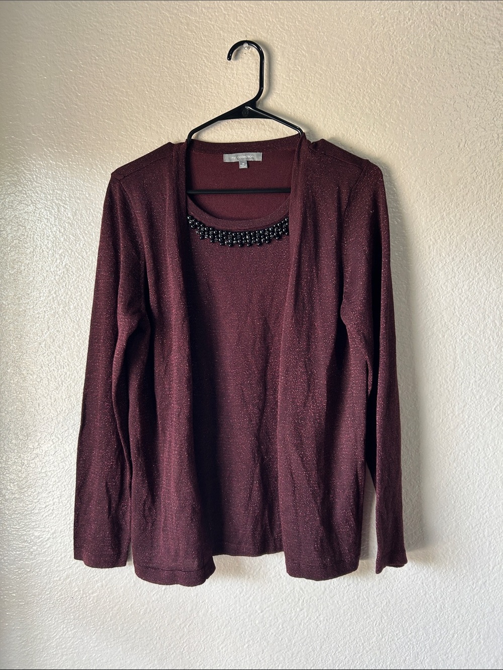 NY Collection Burgundy Knit Top with Subtle Shine Sz M Career Office Chic